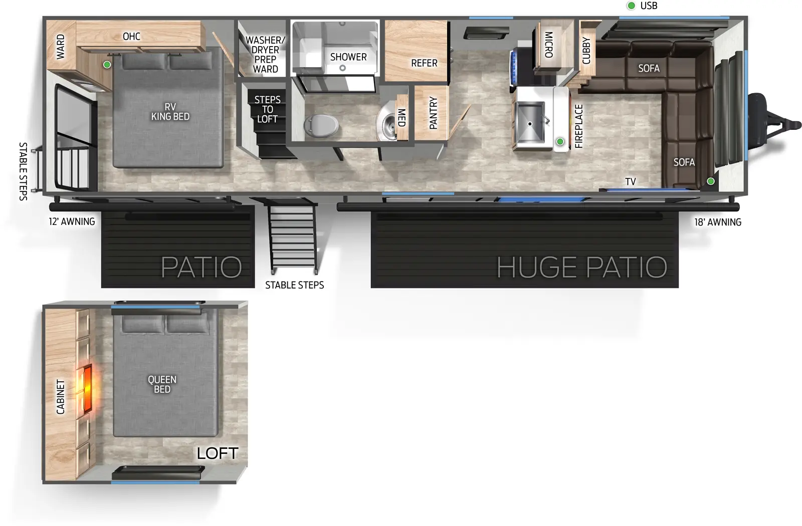 The Timberwolf 27MDK floorplan has two entries and zero slide outs. Exterior features include: metal exterior and 12' & 18' awning. Interiors features include: loft, rear bedroom and front living.